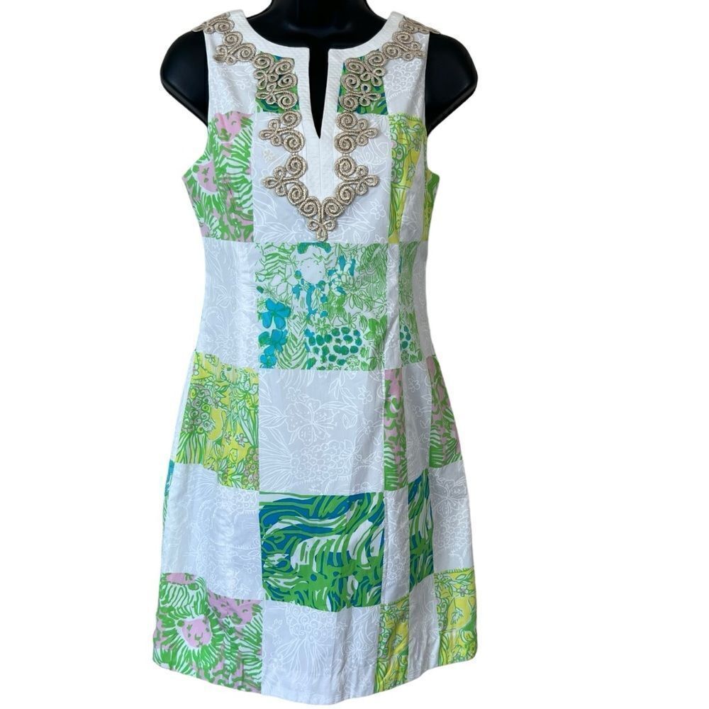 Lilly Pulitzer Janice Mini Dress Gold Lace Lioness Patchwork